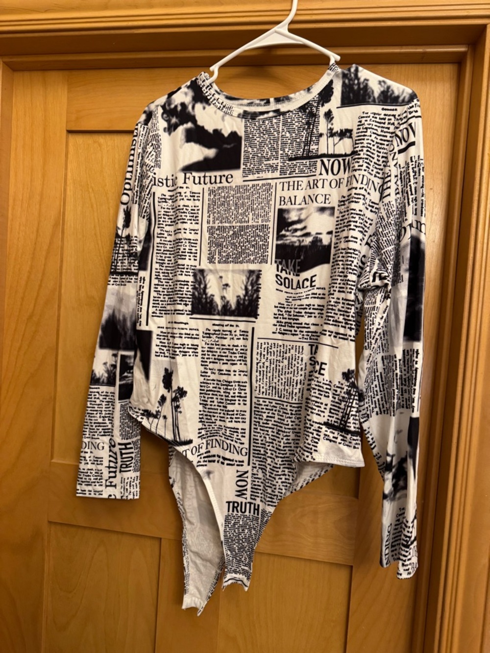 Black & White Newspaper Print Long Sleeve Bodysuit from SHEIN